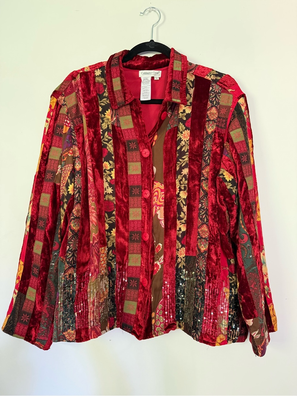 Coldwater Creek Boho Velvet Patchwork Sequin Artistic Eclectic Jacket Red Sz 1X